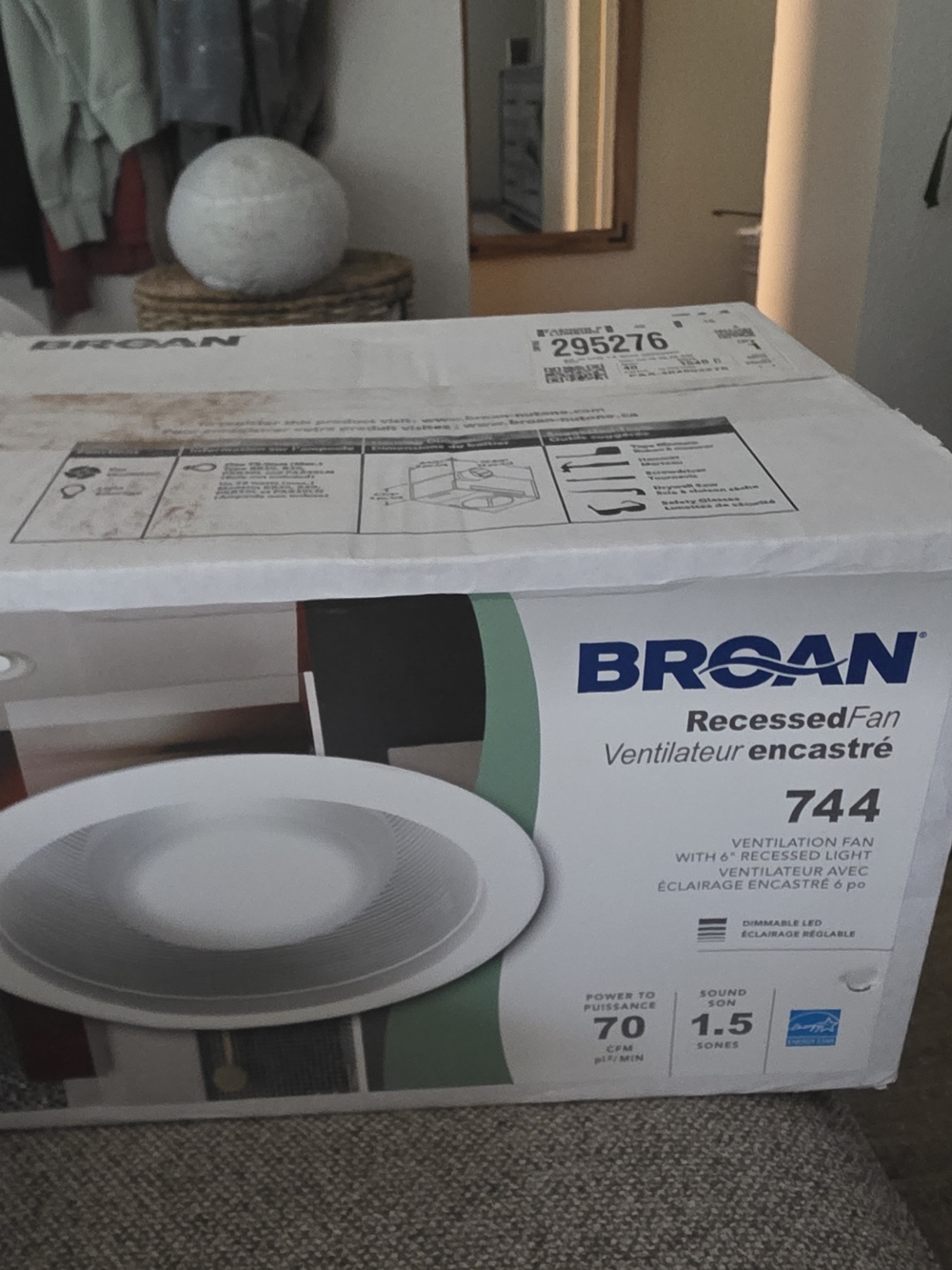 744 White Recessed Bath Fan with Light New In Sealed Box